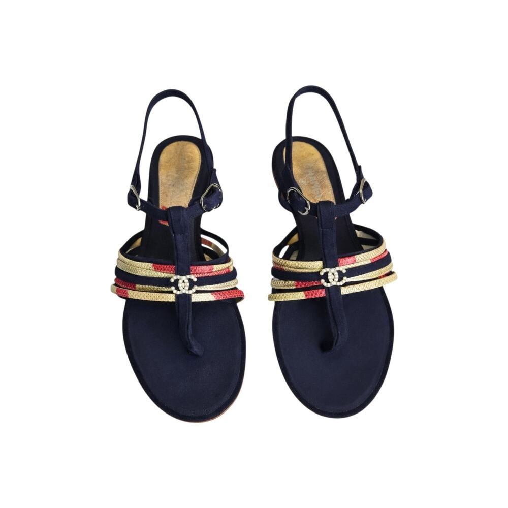 Chanel‎ CC Pearl Logo Quiet Luxury Minimalist Navy Blue Gladiator Sandals 37.5